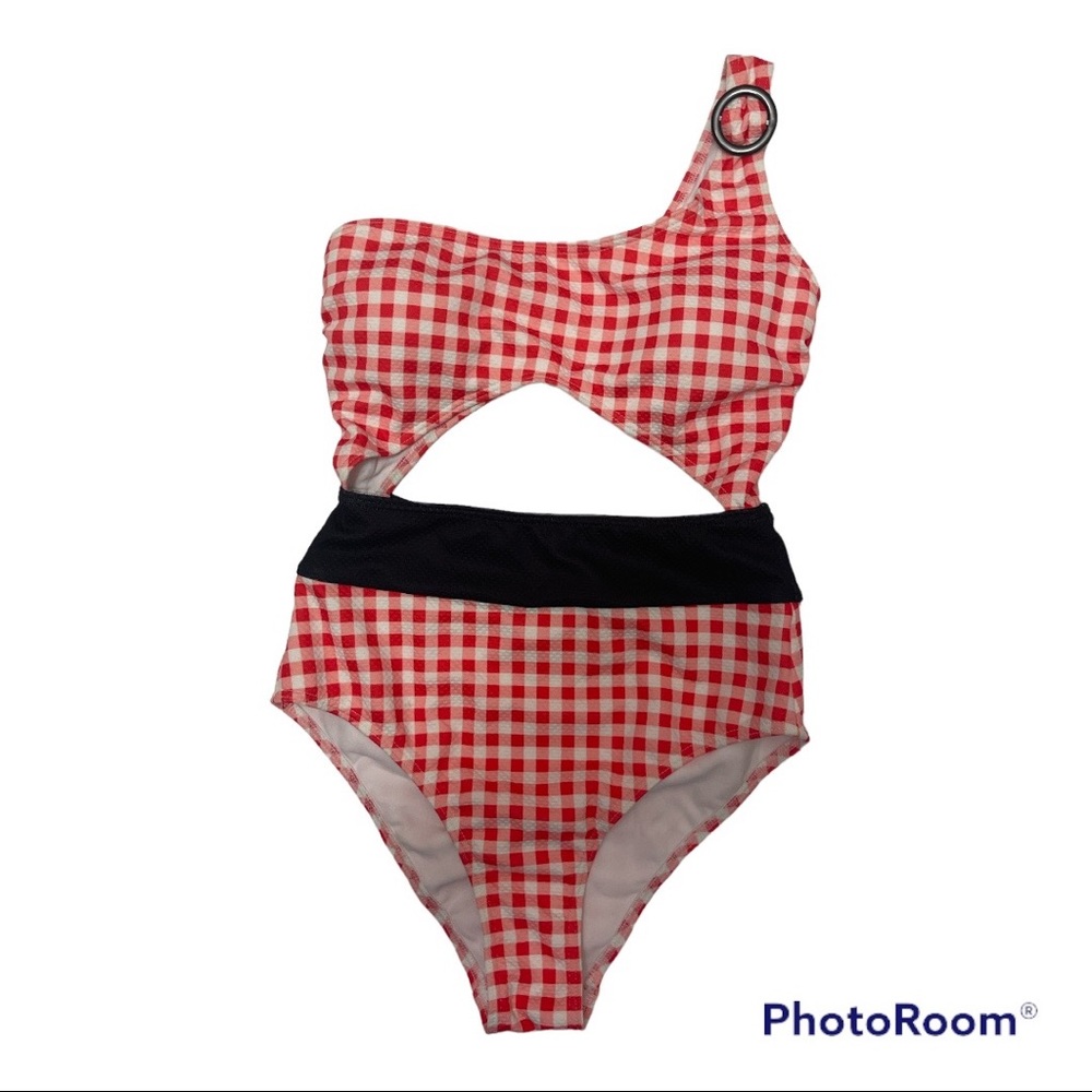 New ModCloth Sierra One Piece Textured Plaid Red  Shoulder Swimsuit Size Small